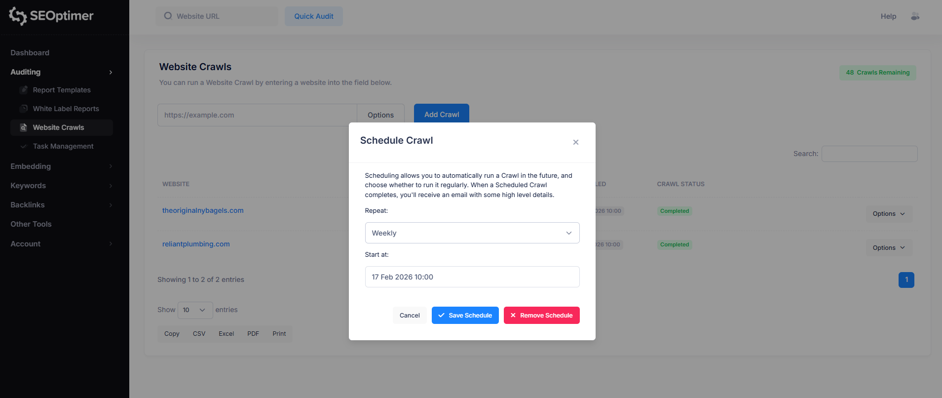 Comment programmer une exploration dans SEOptimer